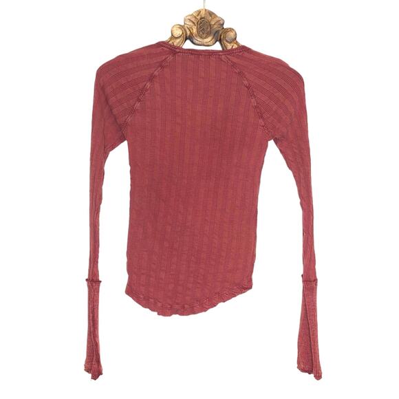 Free People Top Long Sleeve Henley Thermal Ribbed V Neck Rust Red Small - Picture 2 of 8